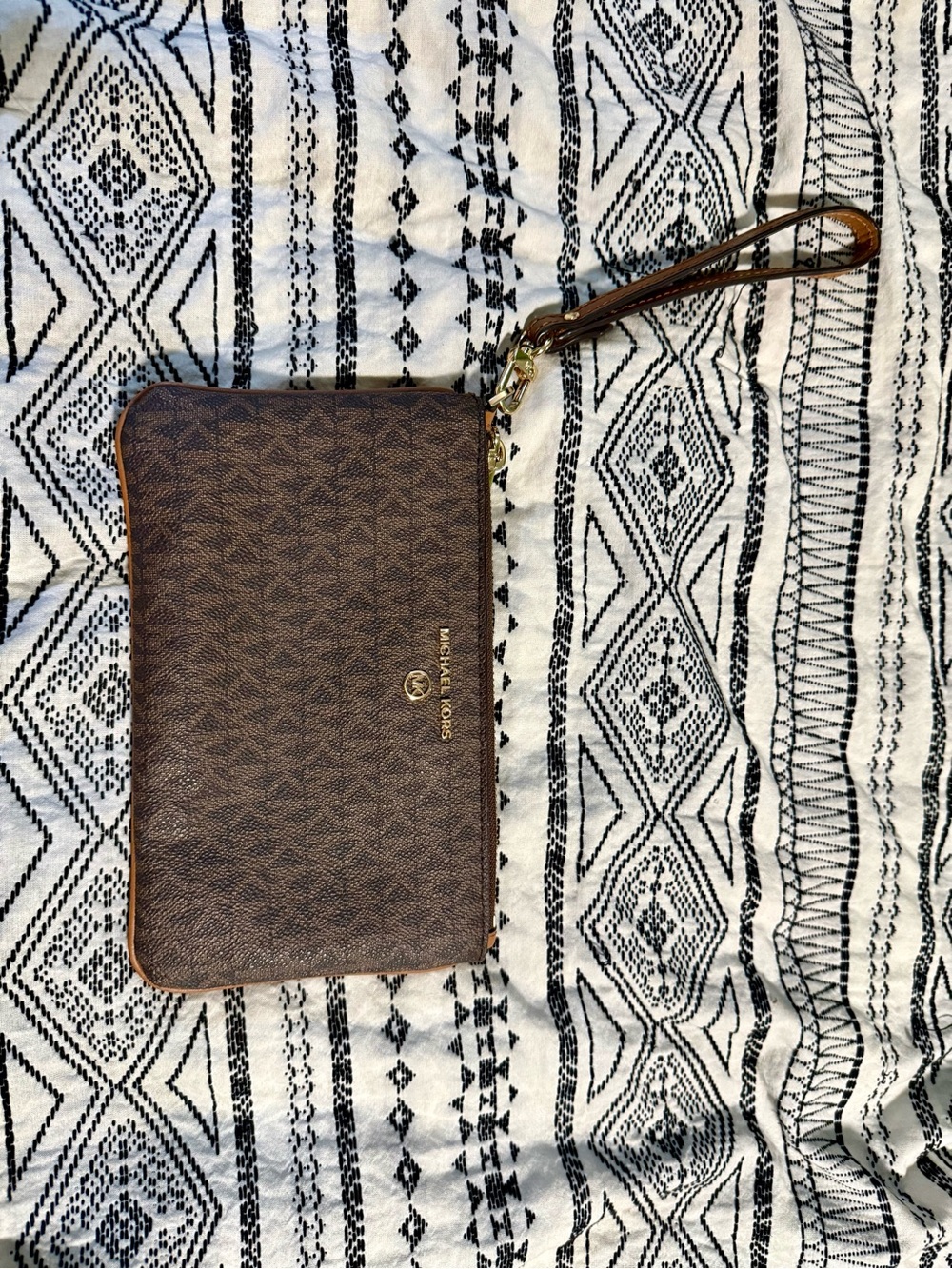 Michael Kors Brown Logo-Print Wristlet with Gold Accents